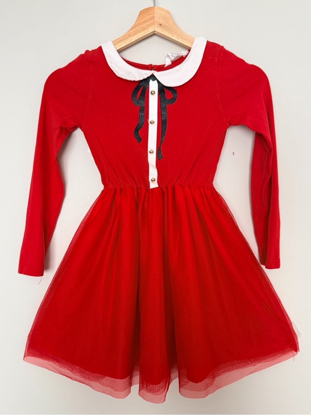 H&M Red Long-Sleeve Tulle Dress with White Peter Pan Collar
